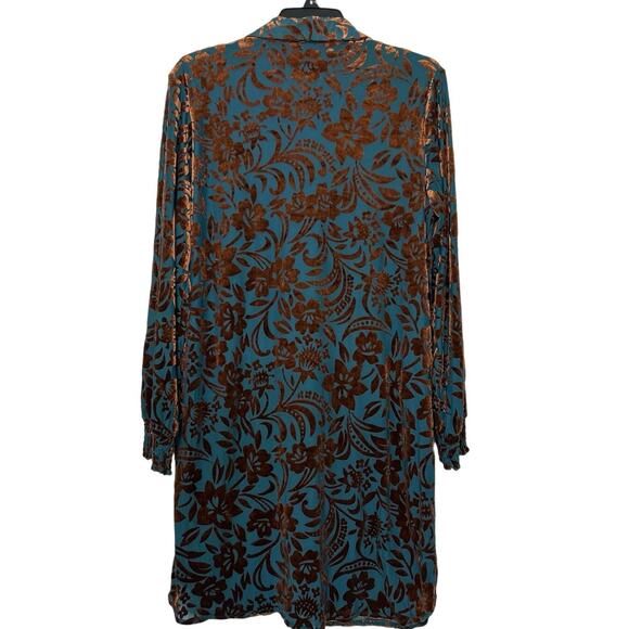 Cozy Co Burnout Velvet Floral Button Front Shirt Dress Teal Brown Medium Boho - Picture 4 of 14
